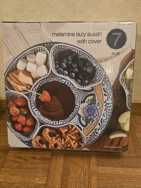 7 Piece Melamine Lazy Susan With Cover Divided Serving Dishes Floral Blue  2026